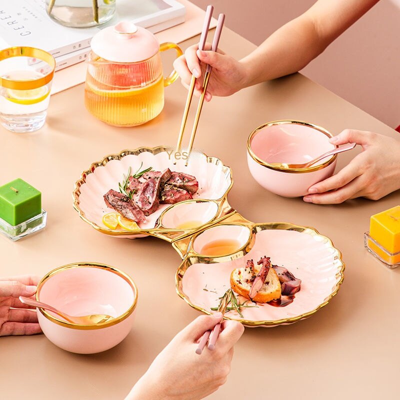 Ceramic Dumpling Plate with Vinegar Dish Household Fruit Plate Personality Tableware Shell Dish Sushi Net Sweet Potato Chip Plate and Bowl Creative Dinnerware