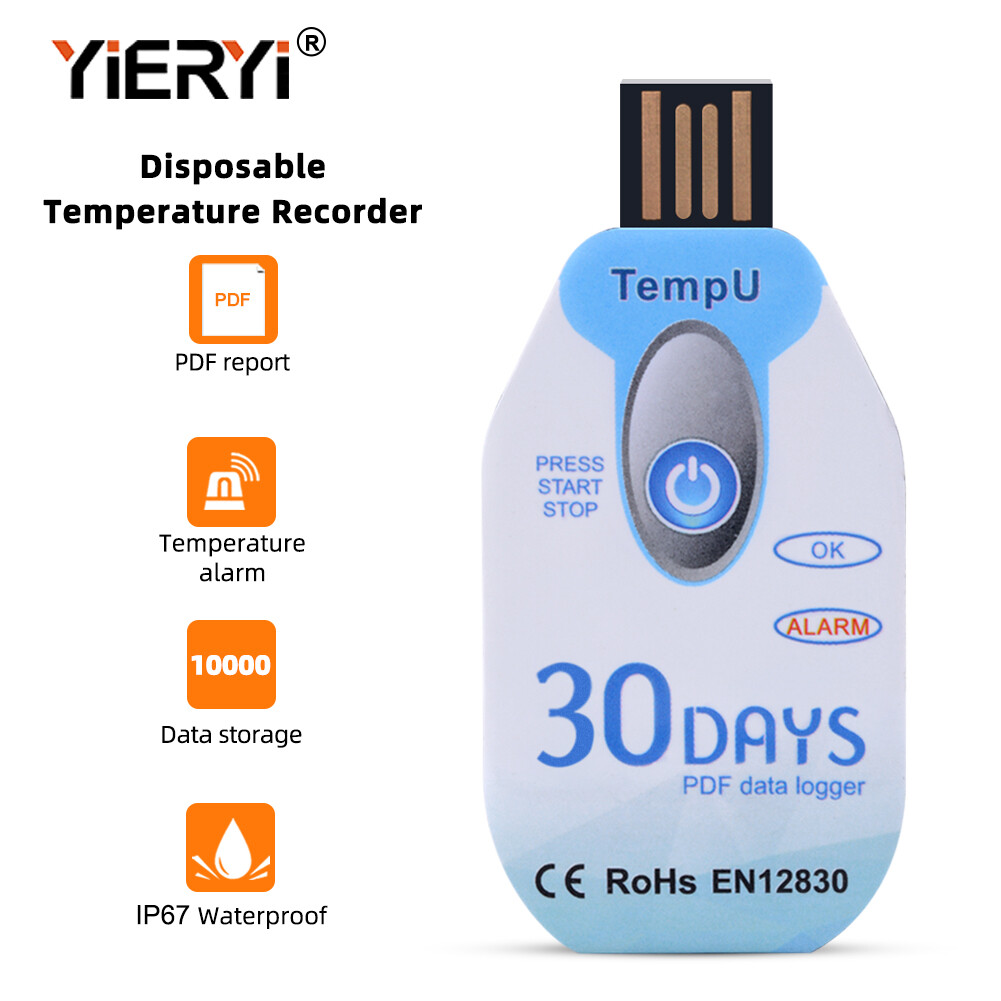 Yieryi 30 ngày/60 ngày/90 ngày dùng một lần USB nhiệt độ máy ghi dữ liệu IP67 không thấm nước xuất khẩu PDF nhiệt độ máy ghi dữ liệu cho thực phẩm và thực vật lưu trữ dây chuyền lạnh Giao thông vận tải đặc sản lưu trữ