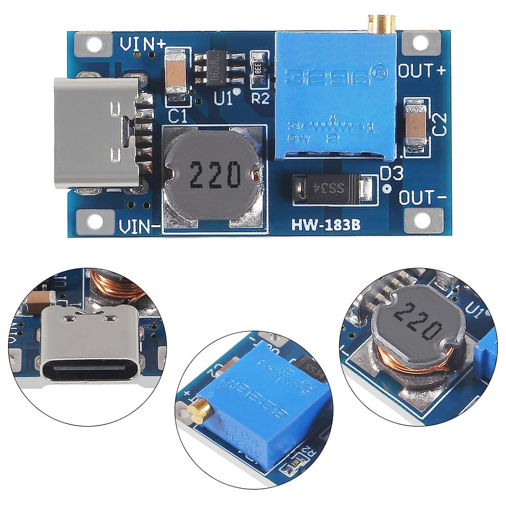 Mt3608 DC-DC 2A tăng áp có thể điều chỉnh mô-đun tăng cung cấp điện Mô đun Bộ tăng áp với Type-C USB 2V-24V đến 5V 9V 12V 28V cho Arduino