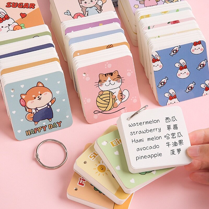 80 Sheets Creative Blank Words Card with Ring Student Cute Cartoon Pocket Card Book