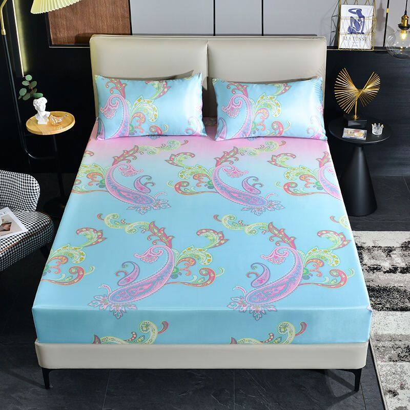 One Piece Ice Silk Fitted Sheet Washable Summer Bed Sheet Double Bed Cover