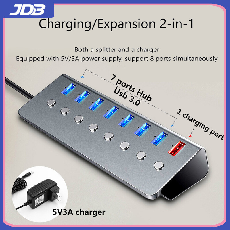 Bộ Chia USB JDB Usb 3.0 Với Công Tắc Độc Lập, Nguồn Điện Bên Ngoài, Bộ Mở Rộng Đa Giao Diện, Hub, Một Cho Bảy Cổng