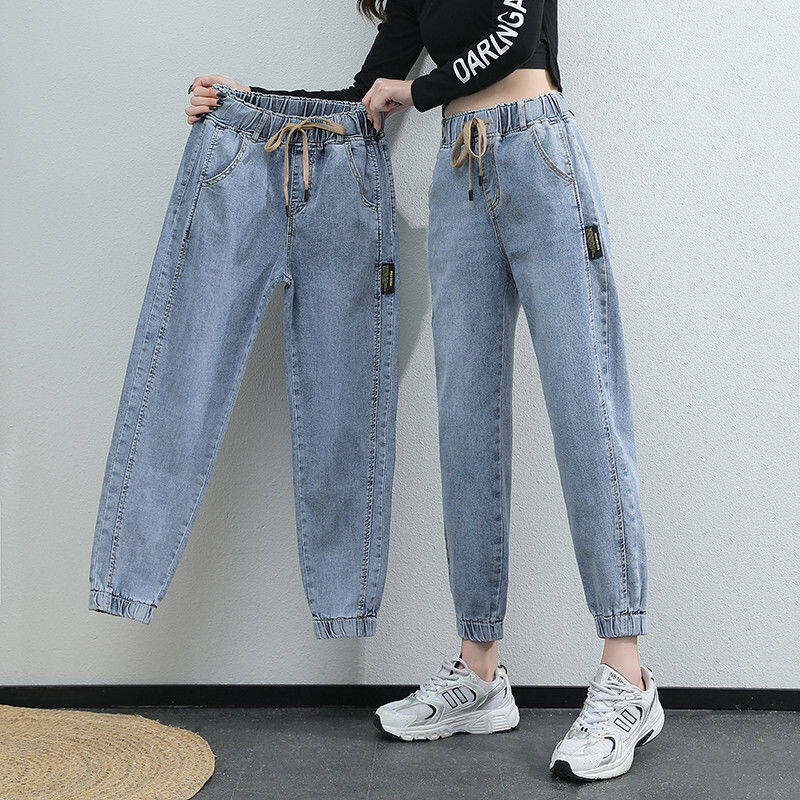 Quần Jean Túi Hộp Màu Xanh Đen Mùa Xuân Hè, Quần Jogger Denim Thời Trang Đường Phố Cho Nữ, Quần Jean Thụng Nữ Quần Cao Đến Mắt Cá Chân Co Giãn