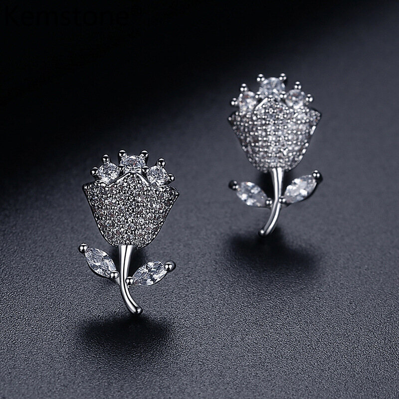 Kemstone Holding Flowers Multicolor Silver Color Crystal Female Stud Earrings Jewelry Gift for Women