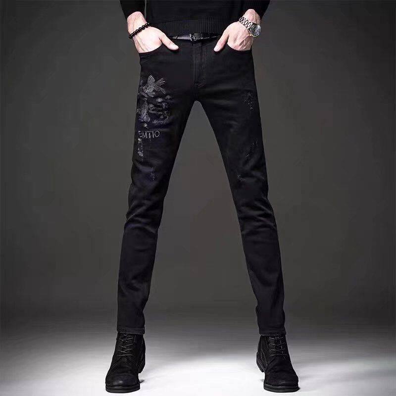 Naimo New High-end Chinese Style Embroidered Jeans Men's European and American Black Ripped Korean Version Slim Small Leg Pants Men's Trend
