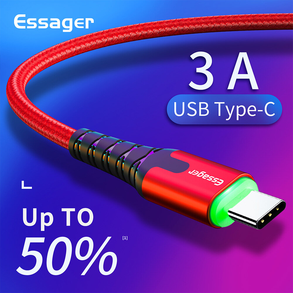 Essager Cáp USB Type-C LED Dây Dữ Liệu Sạc Nhanh Cáp Sạc USB Type-C Cho Samsung Xiaomi LG Mobile Dây Dữ Liệu Sạc 0.5M/1M/2M