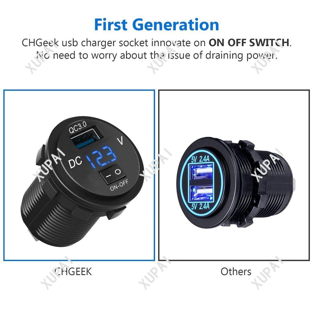 RTO QC 3.0 Motorcycle Boat Car USB Charger Socket LED Voltmeter With ON/OFF Switch Power Socket Adapter/ LED Display Waterproof Output for Car Marine Motorcycle Boat ATV RV Camper