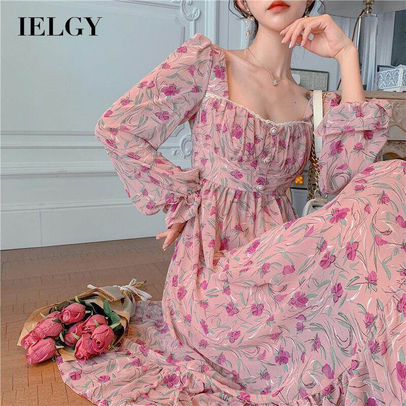 IELGY dress for women fashion French style looking thin long sleeves buttons square collar pearls Floral Dress retro waist