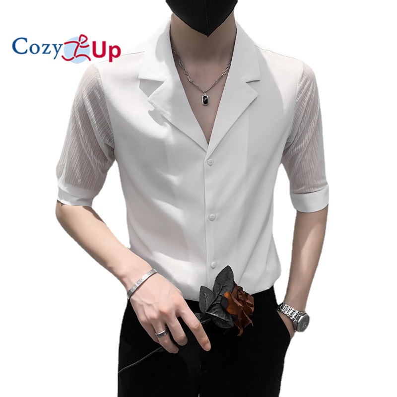 Cozy Up Áo Sơ Mi Tay Lửng Nam Dáng Ôm Màu Trơn Cổ Chữ V Polyester Thường Ngày
