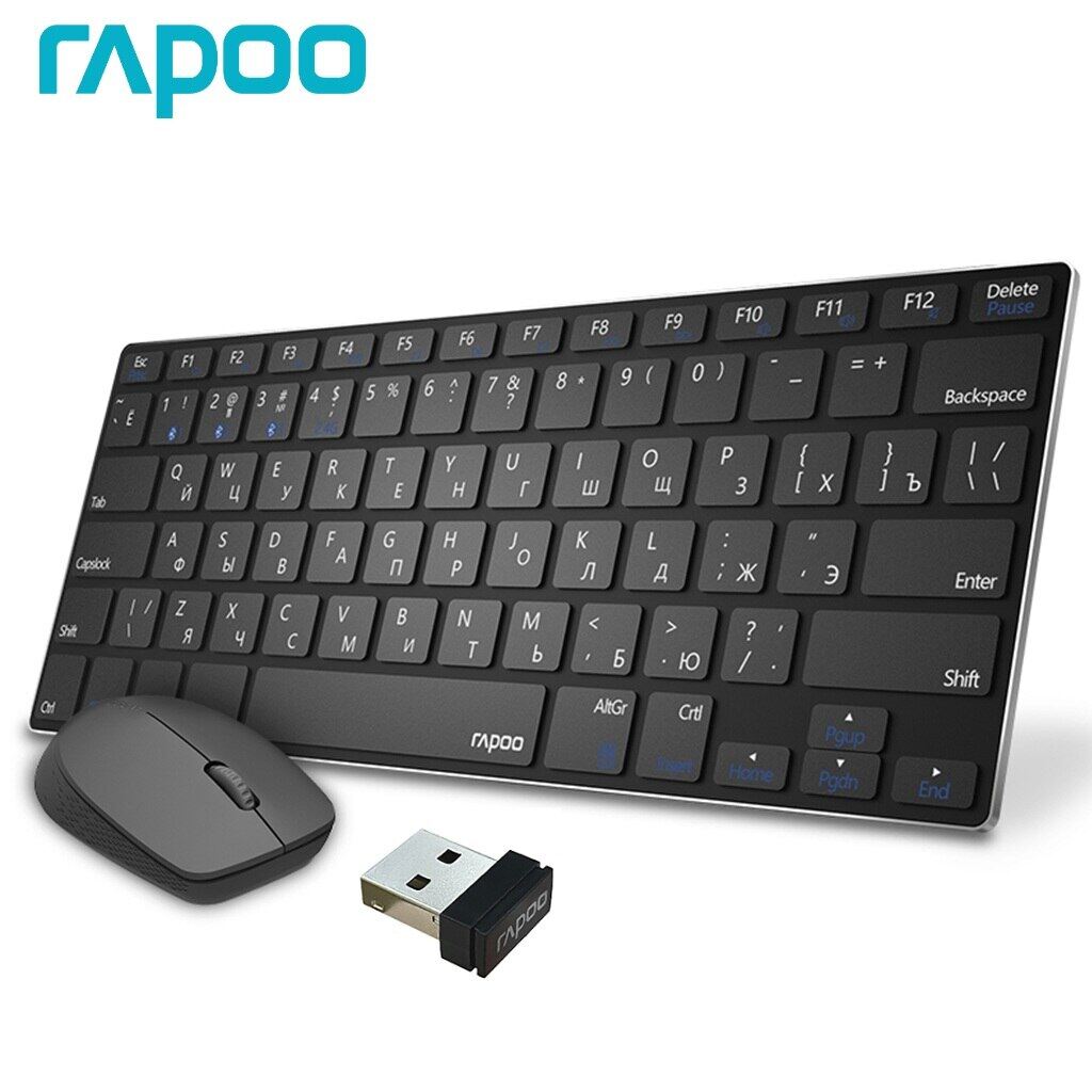 Rapoo 9000m Mini đa chế độ im lặng không dây hợp kim cơ sở bàn phím Bộ trọn gói Chuột Quang kết nối với 3 thiết bị Tiếng Anh/N bố trí