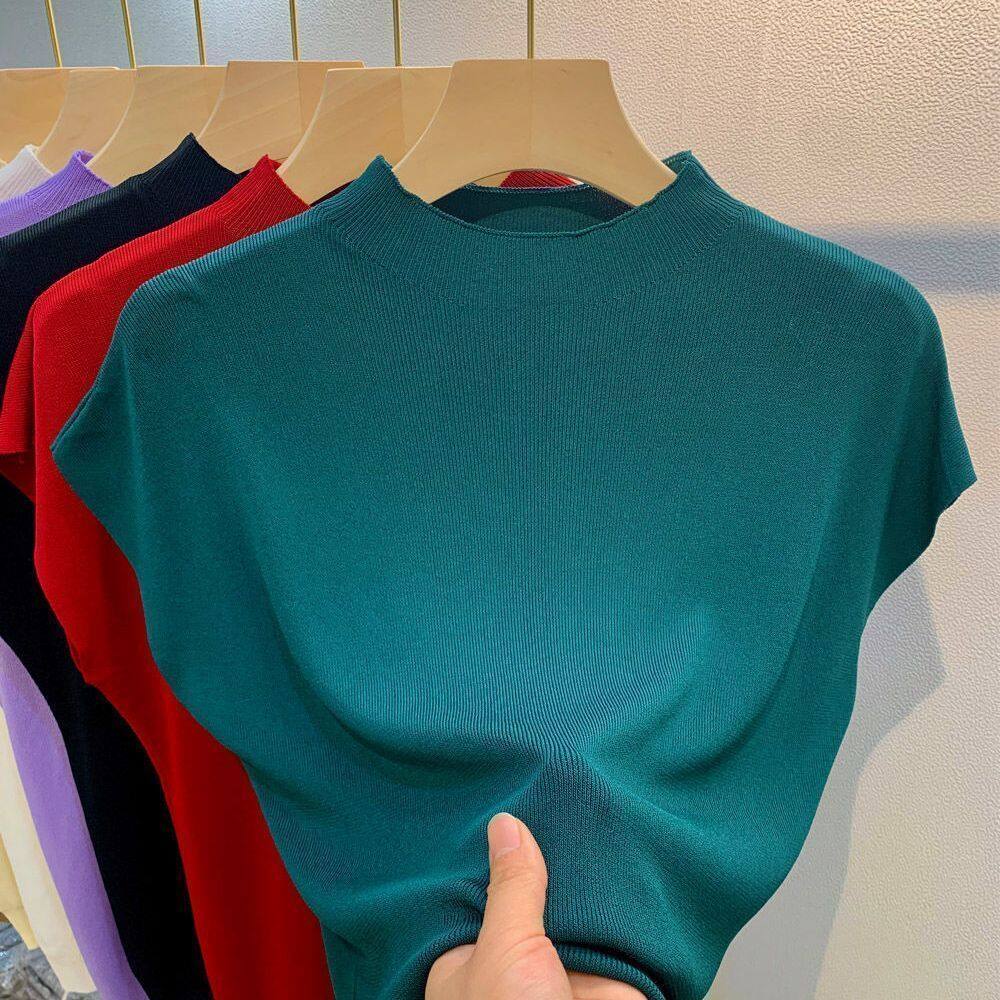 Women's Top Knit Shirt Ice Silk Short Sleeved T-shirt 2023 New Foreign Style Slim Fitting Short White Half High Collar Sleeveless Top