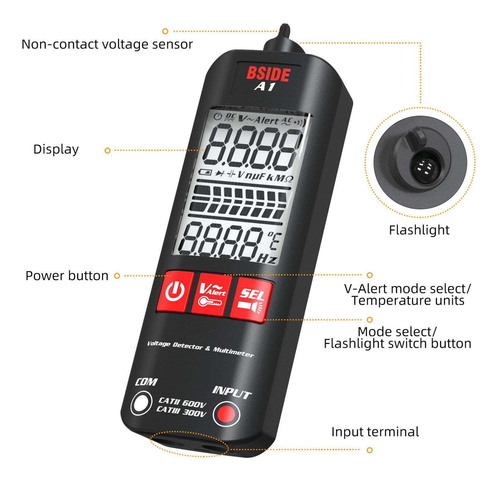 KKmoon Đồng Hồ Vạn Năng Mini BSIDE A1 Máy Kiểm Tra Kỹ Thuật Số LCD Máy Dò Điện Áp 2000 Đếm Điện Áp DC/AC Điện Trở Tần Số NCV Liên Tục Kiểm Tra Dây Trung Tính Máy Đo RMS Thực
