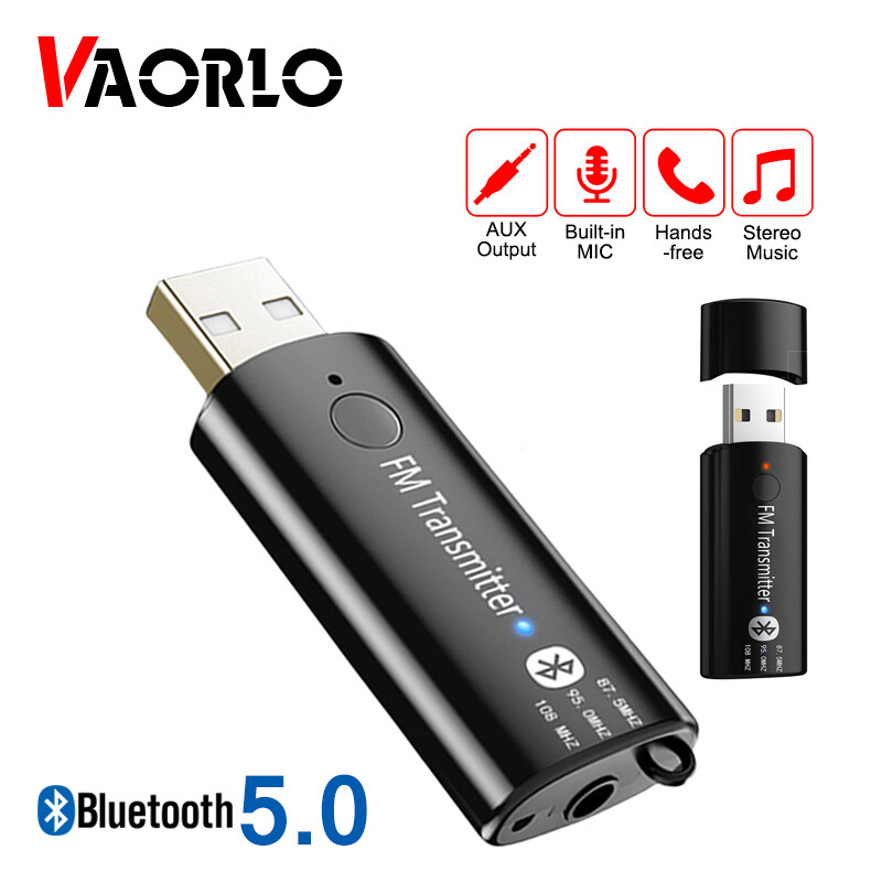 Vaorlo car kit bluetooth 5.0 receiver 3.5mm aux usb fm transmitter stereo music audio wireless adapter with micphone handfree calling for car