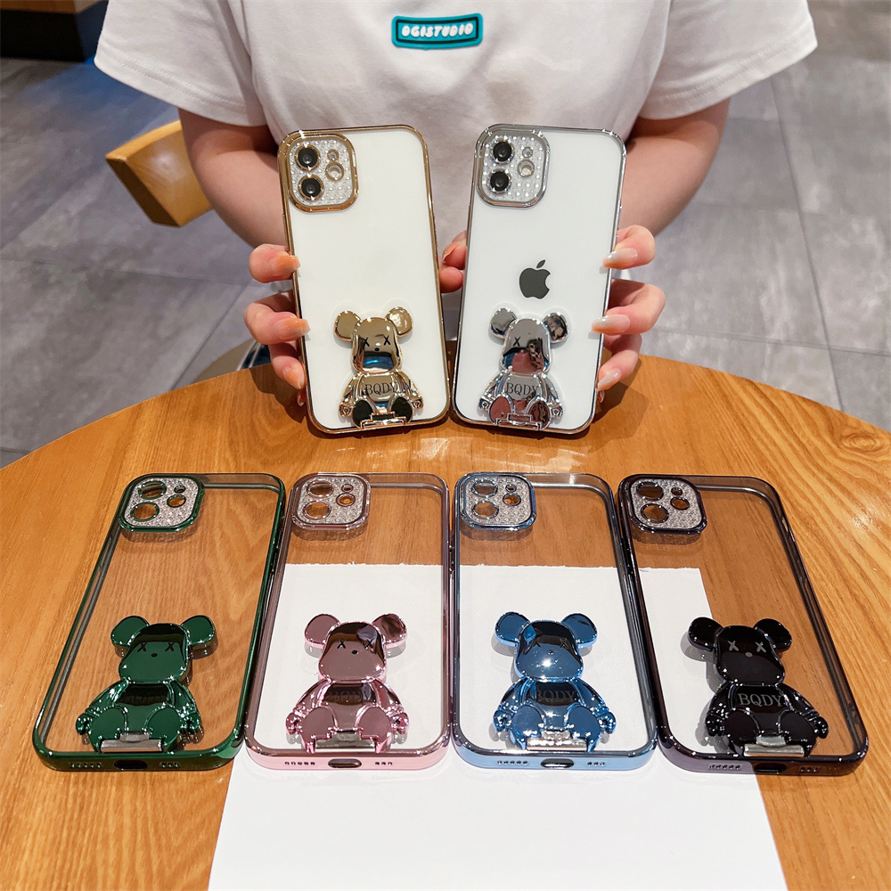 Cute Cartoon Bear Electroplating Bracket Phone Case for IPhone 11 12 13 Pro Max 7 8 Plus SE 2 Case Xr Xs Max LLuxury Lens Protection Plated Bezel Back Case