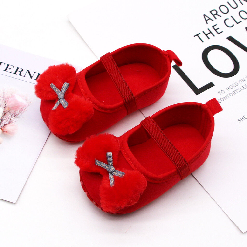 Qyshop ทารกแรกเกิดเด็กสาว prewalker โบว์ A pplique รองเท้าเดียวรองเท้าเจ้าหญิง  สีวัสดุ สีแดงขนาดของรองเท้าเด็ก ความยาวด้านใน 11ซม