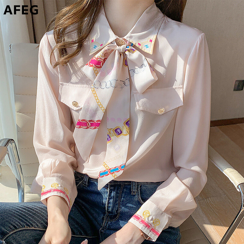 AFEG new long-sleeved bow-knot printed chiffon OL shirt for women