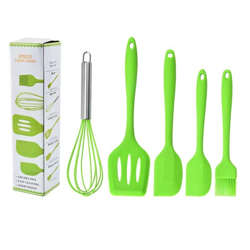 Houseeker 5Pcs Silicone Kitchen Utensils Multifunction Shovel Spatula Eggbeater Scraper Brush Set Non-Stick Cooking Cake Baking Tools