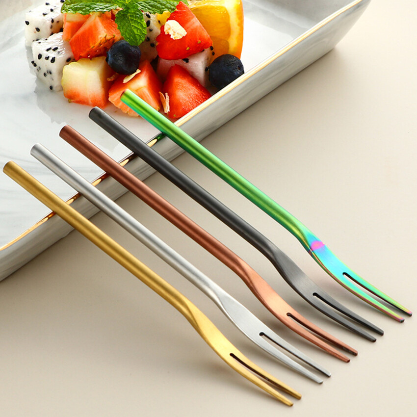 304 Stainless Steel Sanding Solid Fruit Fork Long Handle Round Handle Moon Cake Dessert Cake 2 Tooth Fruit Stick