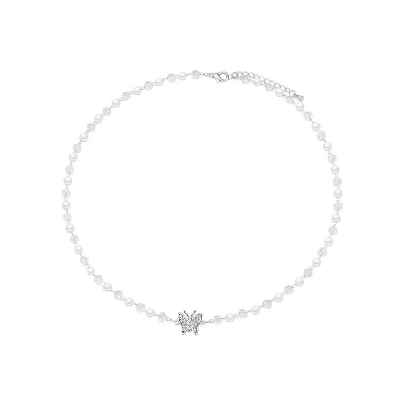 Girl Fairy Necklace Beautiful Butterfly Necklace Temperament Diamond Studded Artificial Pearl Clavicle Chain