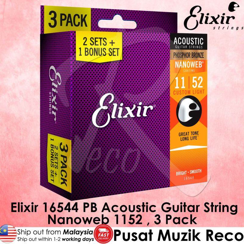 Elixir 16544 Nanoweb Phosphor Bronze Acoustic Guitar String 1152 Custom Light , 3 Pack Malaysia