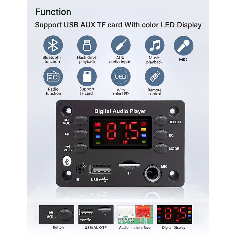 Bluetooth không dây 5.0 Bảng Giải Mã DC 5V 12V MP3 WMA giải mã mô-đun hỗ trợ âm thanh USB Radio FM hỗ trợ thẻ TF Màn hình màu MP3 máy nghe nhạc Bộ phụ kiện xe ô tô với điều khiển từ xa