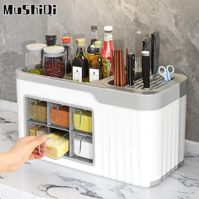 Kitchen shelf spice box, multi-function chopsticks, knife holder, spice bottle and jar storage box, combined storage rack with lid