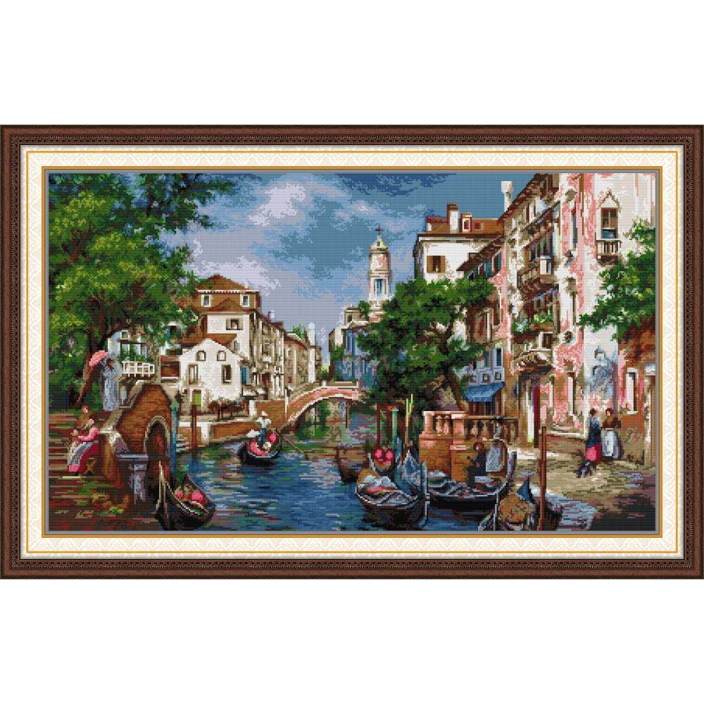 Cross Stitch Complete Set Full range of The Streets of San Polo Patterns Design 14CT 11CT Handmade Printed Unprinted White Cloth Fabric, DIY Needlework Stamped Counted Cross Stitch Embroidery Kit for Wall Décor Handicrafts