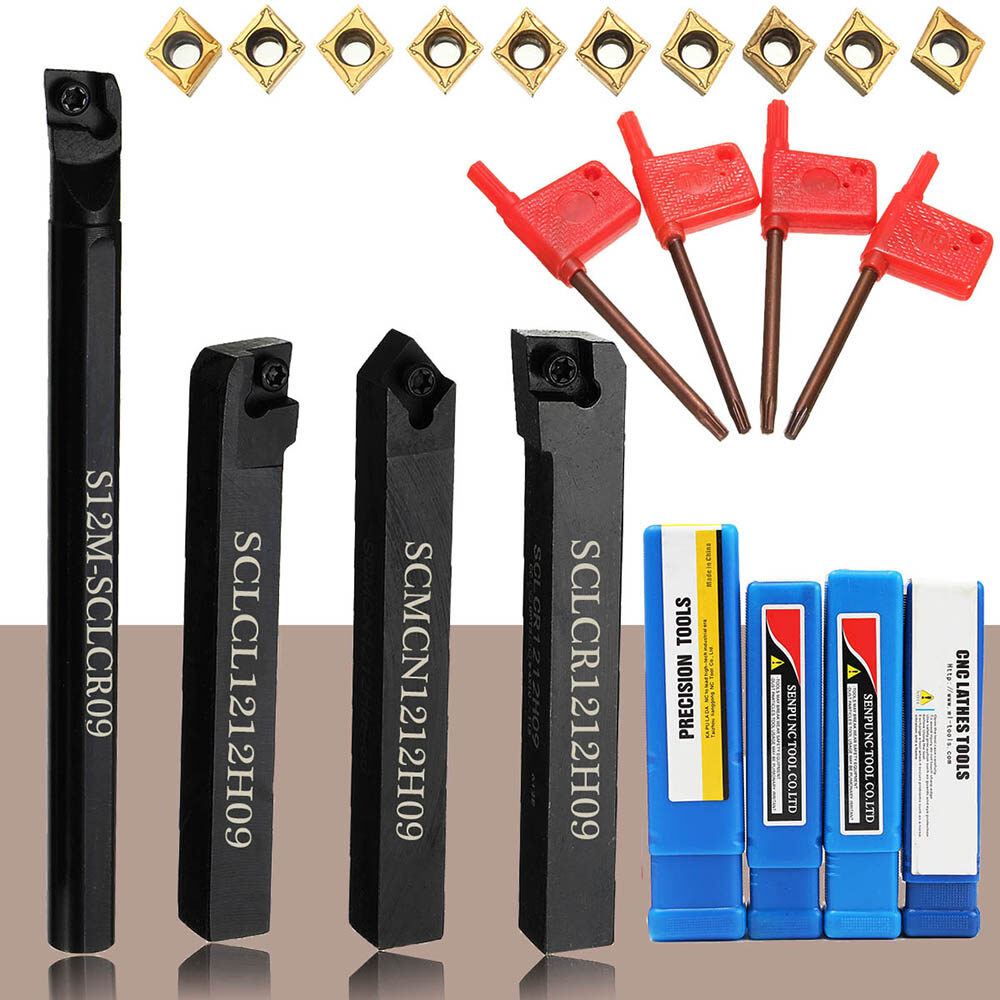 S12msclcr09+sclcr1212h09+sclcl1212h09+scmcn1212h09 4 pcs 12mm shank lathe turning tool holder boring bar + 10pcs carbide insert + 4pcs wrench