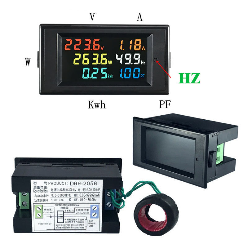 D69-2058 Voltmeter Current Power Factor Active KWH Electric Energy Frequency Meter Digital LCD VOLT AMP CT Digital MULTIMETER