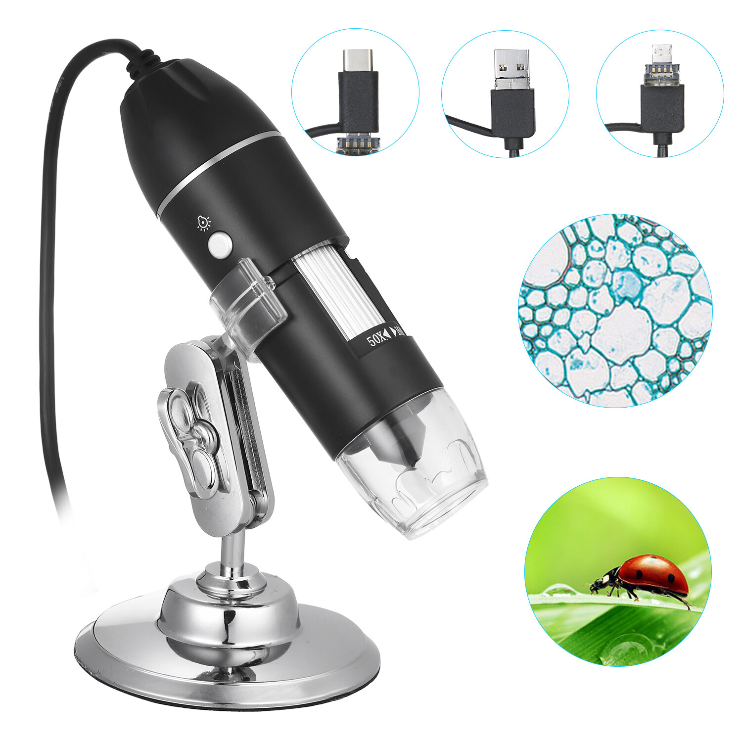Smart Sensor 1600X USB Digital Zoom Microscope Magnifier with OTG Function 8-LED Light Magnifying Glass Magnification with Stand