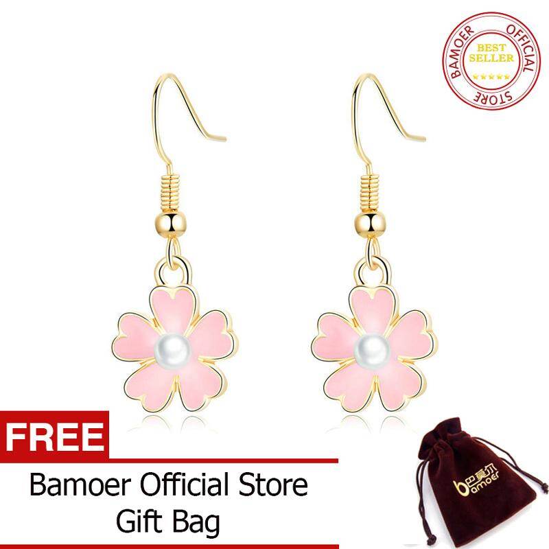 BAMOER Fashion Pink Peach blossom Drop Earrings Rose Gold Plated Pearl Earrings For Women Fashion Jewelry AIE044