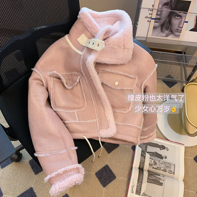 Pink Lamb Hair Motorcycle Coat for Women Autumn/winter 2023 New Stitching Fur One Thickened Jacket Ladies Solid Color Coat for Women