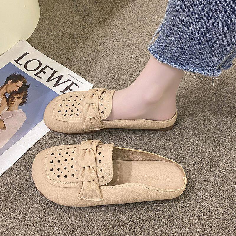 Beef Tendon Soft Bottom Half Slippers Women's Hollow New Retro Casual Sandals Women