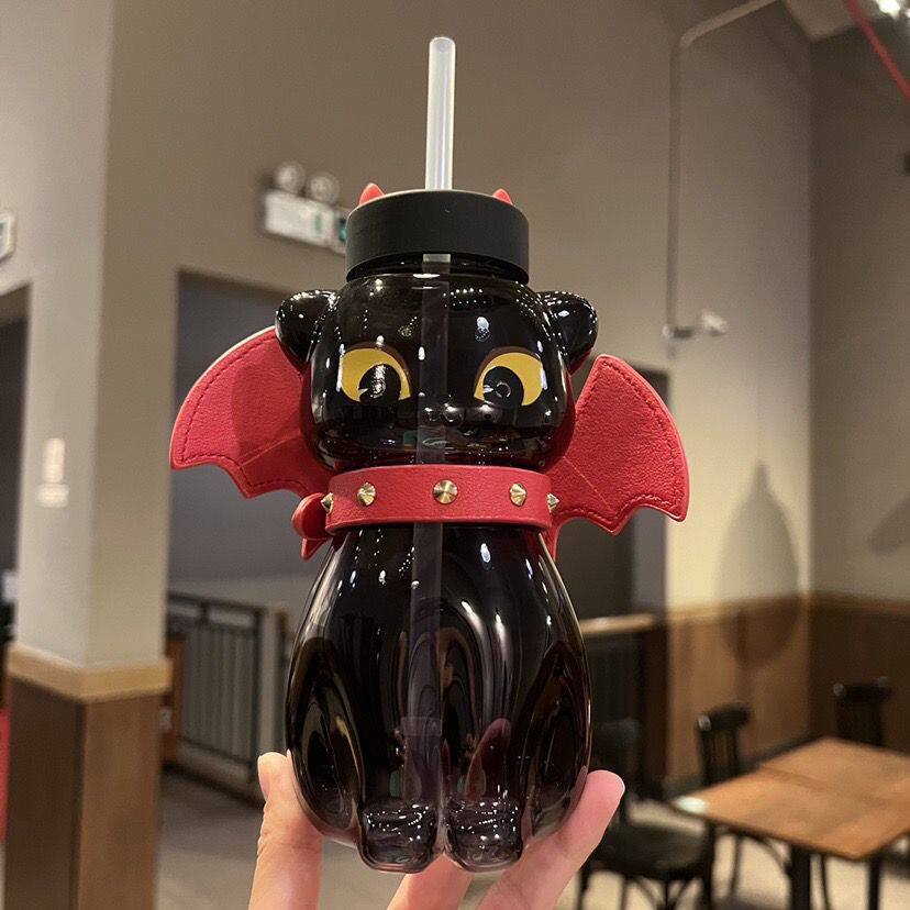 Startbuck Official Store Starbuck Halloween Limits Black Cat Glass Straw Cup Cartoon Cat Shape Drinking Cup with Collar Wings Starbuck Tumbler Starbuck Mug