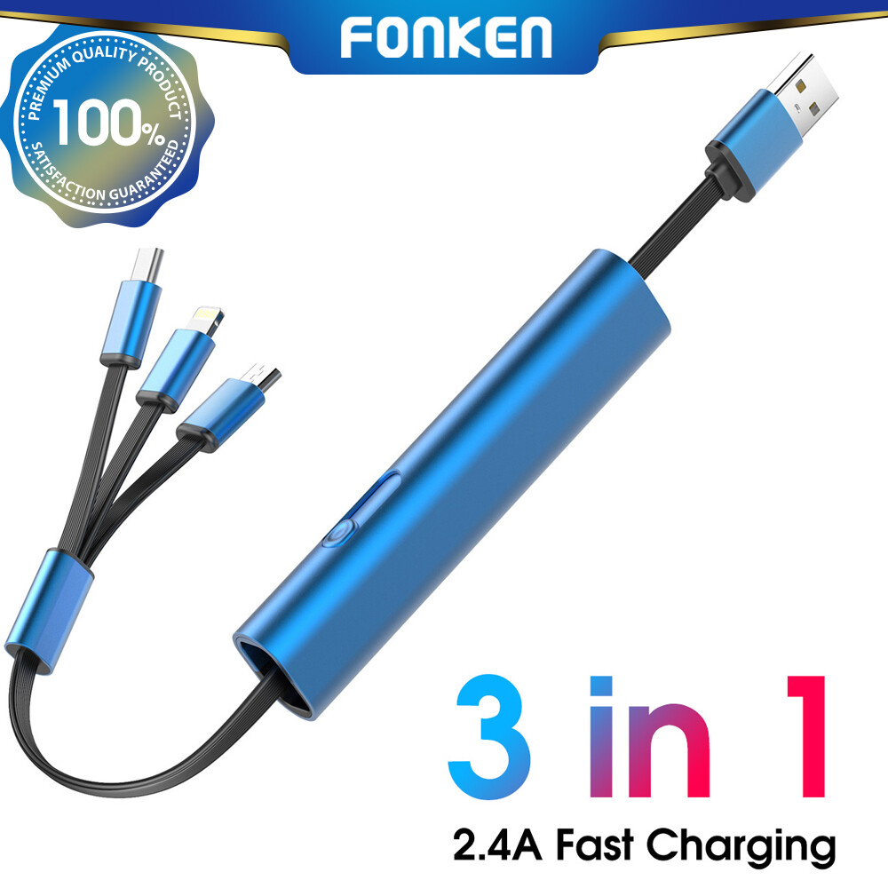 Fonken 3 In 1 USB Charging Cable USB To Micro USB/Type-C/Light-ning Cable Retractable Charger Cable 2.4A Fast Charge Cable