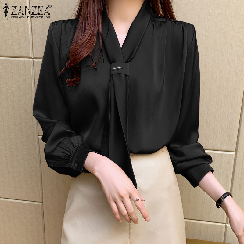 Momonaco zanzea muslimah women muslim silky satin shirt v neck tops long sleeve bow tie solid loose blouse shirt mco