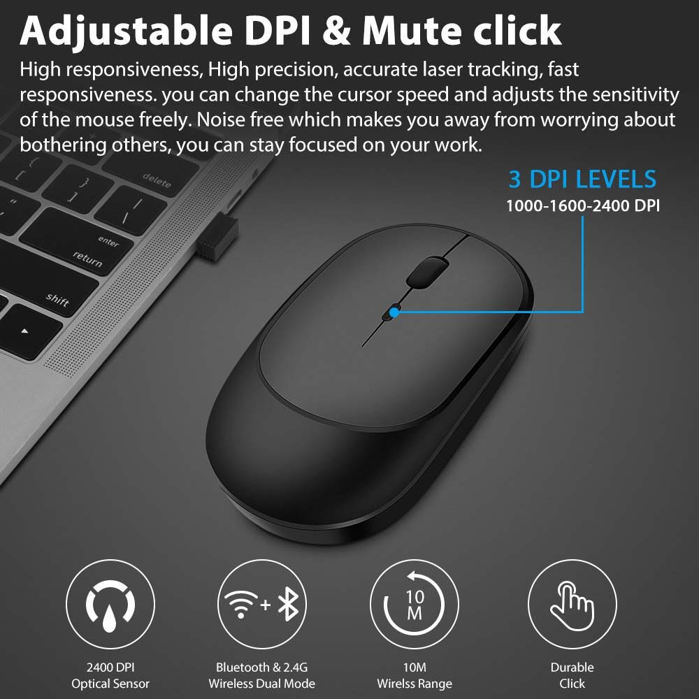 BOKEWU Chuột Không Dây Chuột Im Lặng Bluetooth Chuột Máy Tính USB Chuột Quang 2400 DPI Chuột Công Thái Học Cho Máy Tính Xách Tay Máy Vi Tính