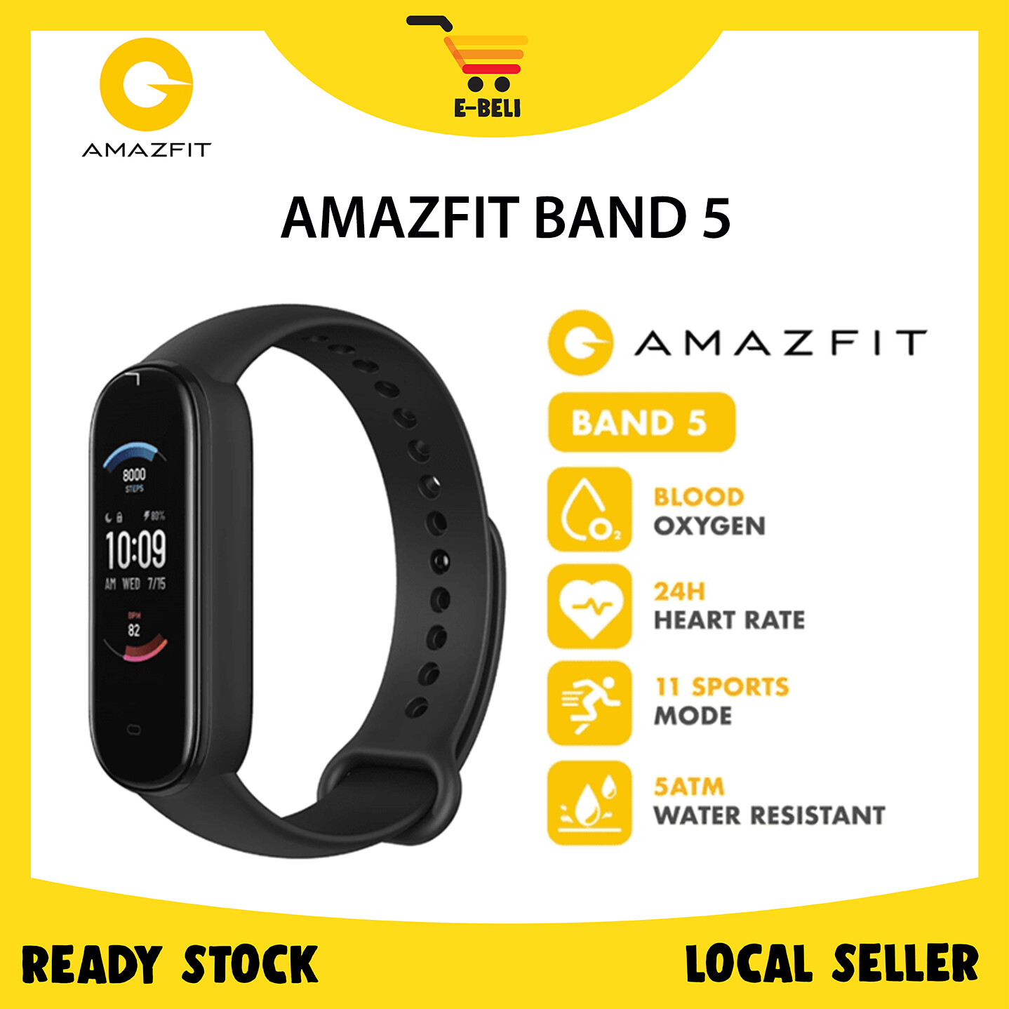 LOCAL] E-BELI Amazfit Band 5 A2005 Blood Oxygen Smartwatch Touch Screen  Waterproof, Heart Beat Rate Monitor Smart Watch | Lazada