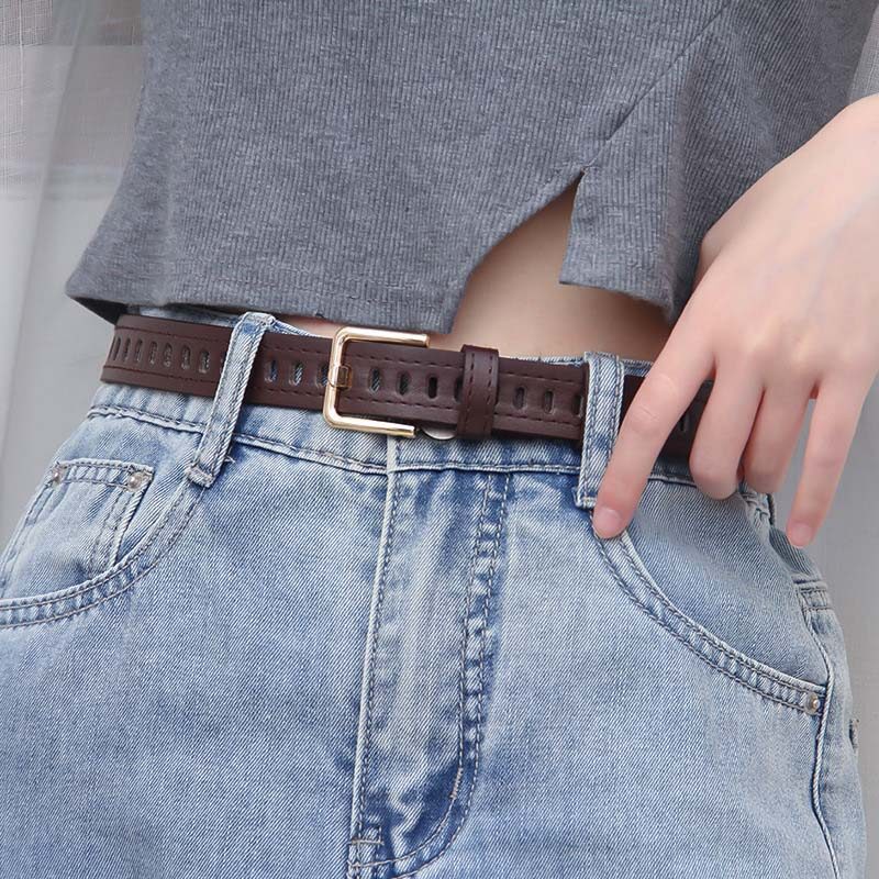 Full Hole Women Belt Pu Leather Gold Square Pin Buckle Waistband Girls Casual Jeans Dress Waist Belt Students Solid Color Strap