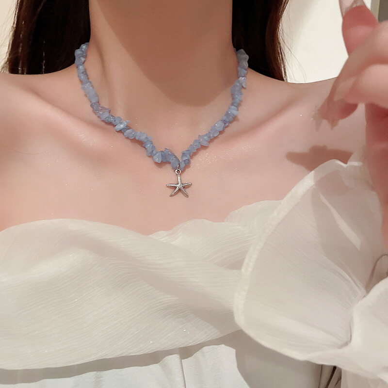 DREJEW Starfish Irregular Blue Crystal Gravel Necklace Korean Version Light Luxury Clavicle Chain Niche Personality Design Necklace Women