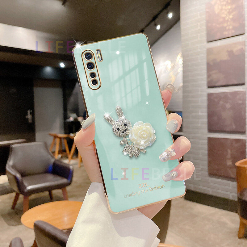 LIFEBELLE Ốp Cho OPPO A91 Reno3, Ốp Điện Thoại Mềm Mạ Hoa Đẹp Hình Thỏ Dễ Thương Thời Trang 3D Kim Cương Giả Cho Nữ Ốp Lưng Silicon Bảo Vệ Chống Sốc Cho Oppo Ốp Đôi