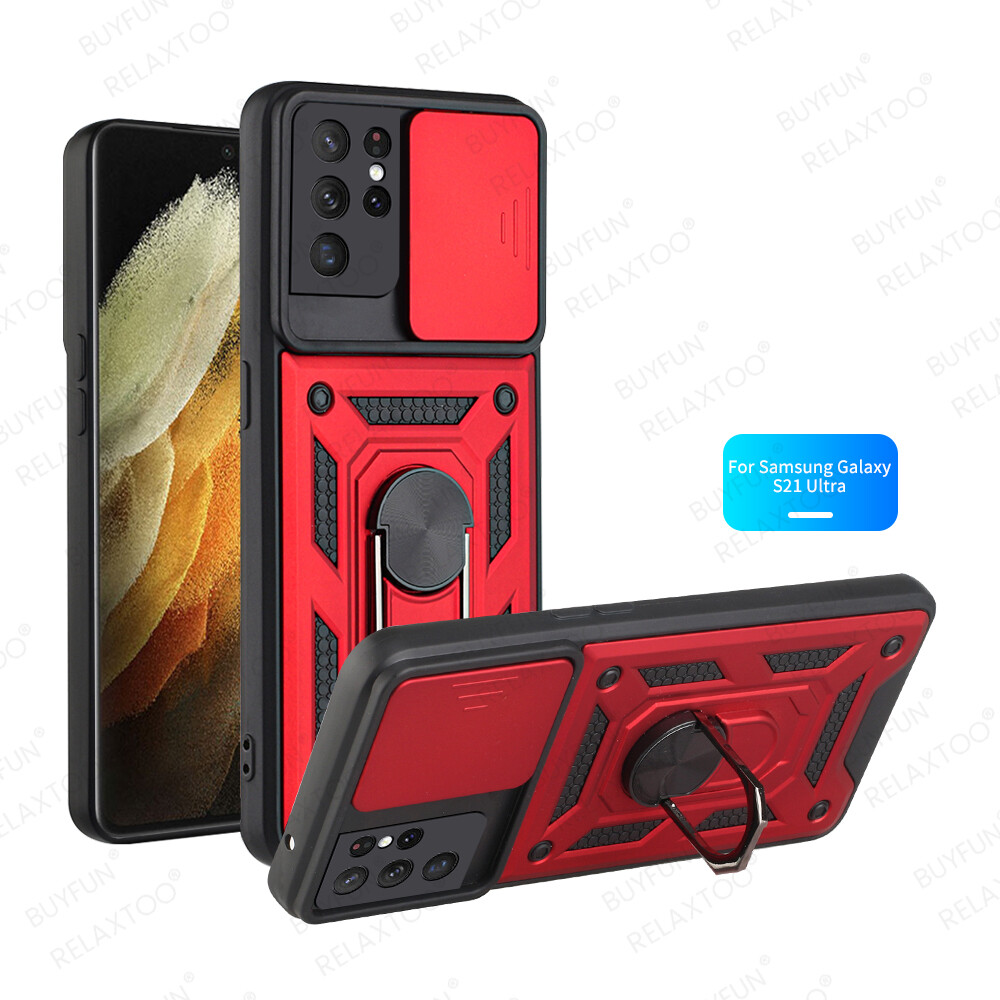 For Samsung Galaxy S21 Ultra Ring Stand Push Pull Camera Protect Case For Samsung Galaxy S20 S21Plus Ultra S20 FE S21 FE Car Magnetic Stand Ring Armor Shockproof Coque For Samsung Galaxy Note 20 Ultra