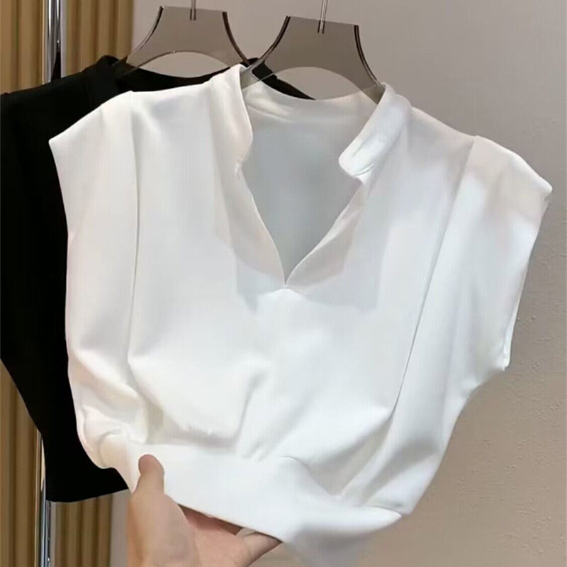 Áo Thun Nữ Tay Ngắn Mùa Hè hợp thời trang chữ V Áo có cổ không tay cinched Hàn Quốc