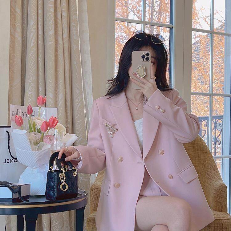 2022 New Casual Pink Suit Jacket Women's Loose Suit Top Trendy Pearl Double Breasted Loose Blazer Outwear