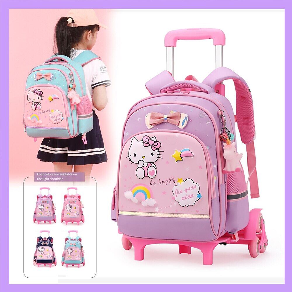 Sanrio Trolley Schoolbag For Kids Hello Kitty Anime Girls New Large Capacity Bag Waterproof Bags Rolling Backpack With Wheels