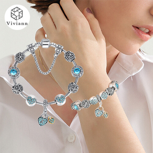 Viviann Original Luxury Blue Crystal Bracelet Wedding Silver Bracelet Rhinestone Heart Charm Bracelets Bangles Women Jewelry Beads Charm Bracelet Bangle for Women Girls Gift