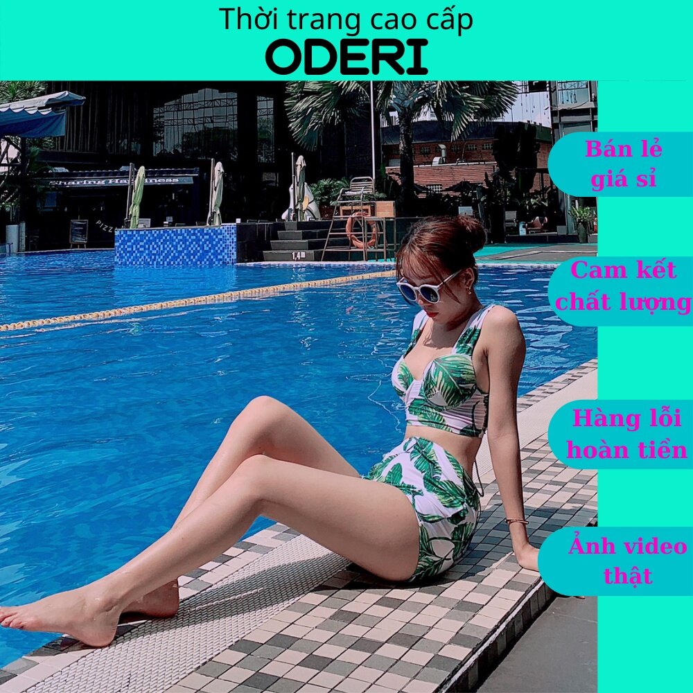 Bikini, đồ bơi đi biển tay vuông lá thưa. quần lưng cao secxy ag1180 oderi