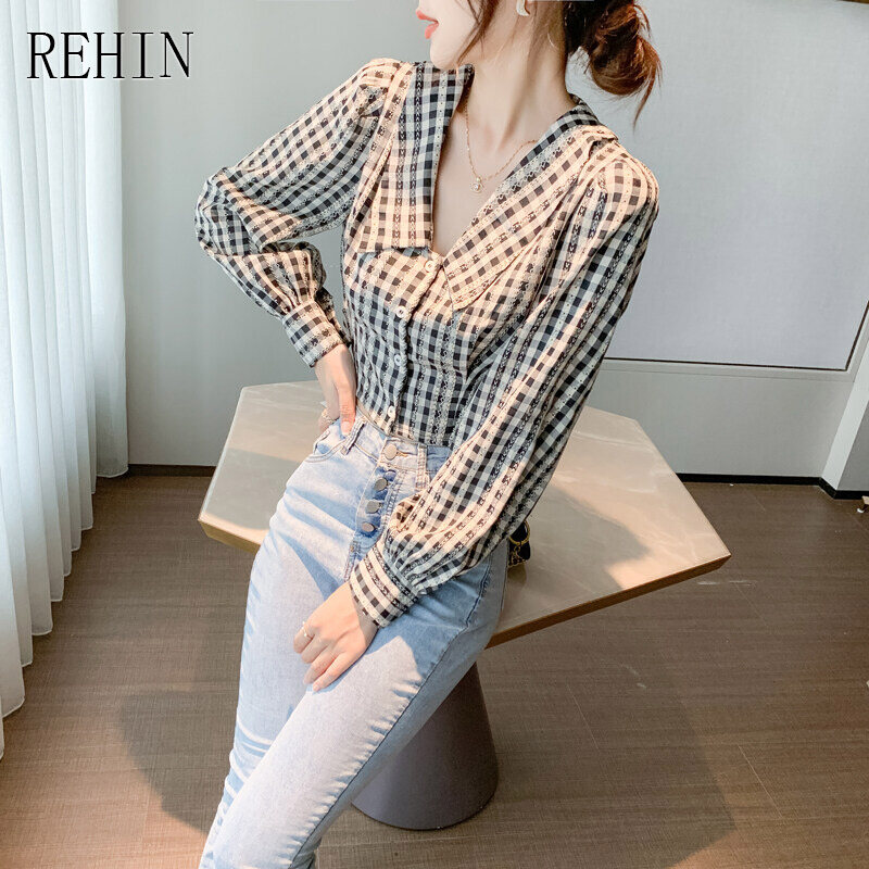 REHIN Women's top V-neck plaid long sleeve shirt high waist POLO collar new Korean version blouse