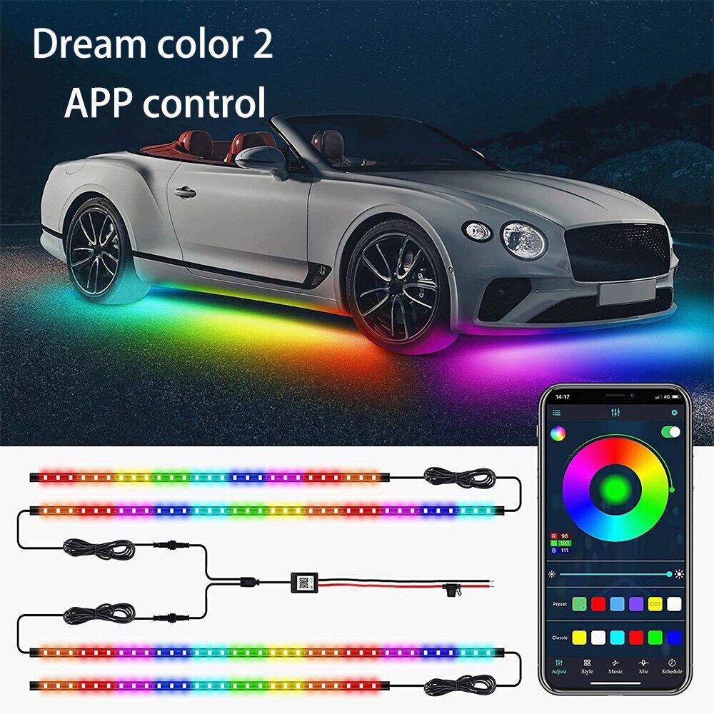 {：” —— Neon LED Car Underglow Bottom Light APP Remote Sound Control RGB Flexible LED Underbody Strip Light Auto Decorative Ambient Lamp