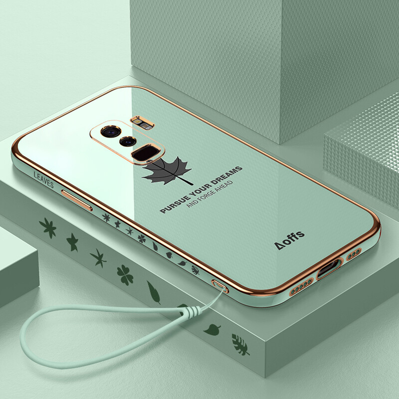 For Samsung Galaxy S9 / S9 Plus Case with Lanyard Luxury 6D Plating Maple Leaf Phone Cases Soft Silicone Square Frame Full Lens Protection Back Cover